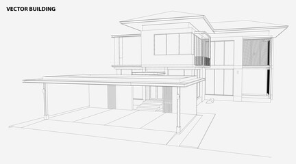 Perspective 3D render of building wireframe - Vector illustration