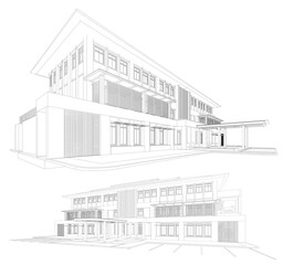 Perspective 3D render of building wireframe - Vector illustration