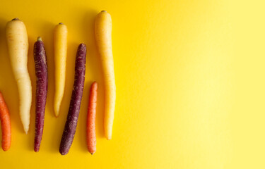 Rainbow carrots arranged parallel to each other on a yellow background top view copy space