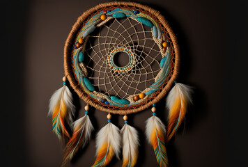 Dream catcher made of threads, beads, and feathers handmade dreamcatcher on a rope. Generative AI - obrazy, fototapety, plakaty