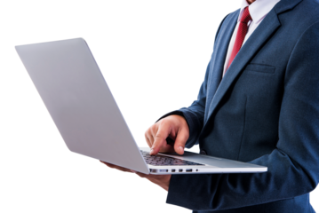 businessman using a personal computer or laptop device on transparent background