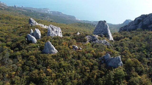 Crimea, mountainous terrain, Mount Alias Kaya, aerial view. Black Sea coast.