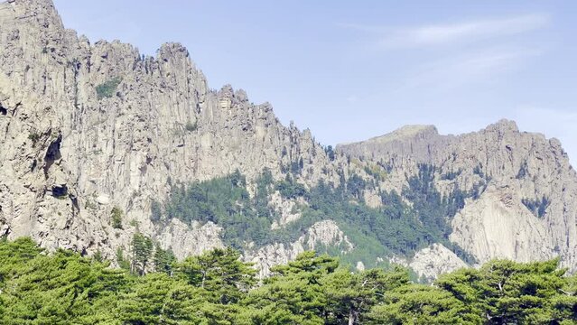 Very rocky Corsican mountain range of the Aiguilles de Bavella in summer, very tall and wide massif of France, near Zonza in Conca forest, with some trees in bottom