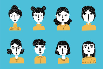 Collection of female avatars.Young and old characters collection. Isolated flat vector illustrations.