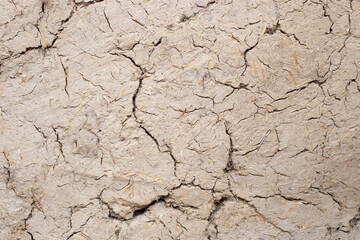 Texture of a cracked wall made of straw and clay. Background for text