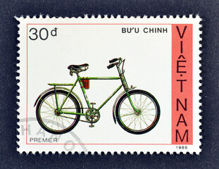 Cancelled postage stamp printed by Vietnam, that shows Premier bicycle, circa 1988.