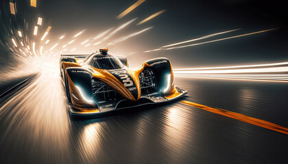 Racing car at high speed riding in illuminated road tunnel. Postproducted generative AI digital illustration. - obrazy, fototapety, plakaty