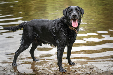 A wet Black Labrador standing in the lake and looking towards the camera