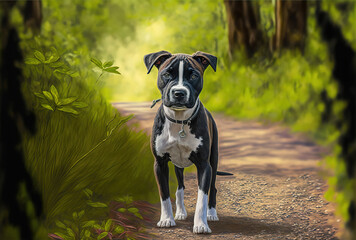 Small black mouthed cur dog in the middle of a forest of shrubs and trees on a gravel road. Generative AI