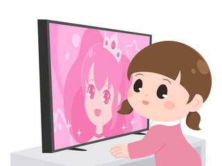 テレビを近くで見る女の子のイラスト
