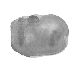 Gray watercolor spot on white. Hand drawn painted object. Grey stain. Watercolor art banner. Black and white illustration