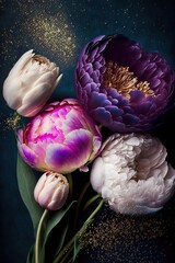 Peonies and tulips bouquet. Valentines day or weeding day post card. Purple, pink, white, blue and rosy colors. Golden dust on a dark blue background. Generative ai.