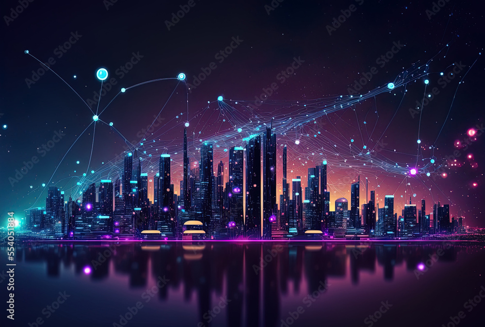 Aufkleber concept of a smart city as a dot connected to a gradient line through connections in the metaverse. 