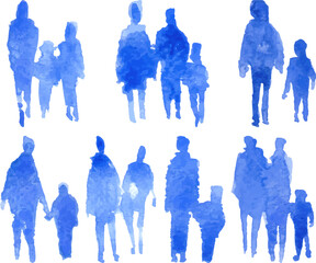 Watercolor silhouettes of people, family, couple. Watercolor paper texture. Vector silhouettes
