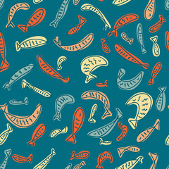 Hand drawn multicolored fishes seamless pattern. Perfect print for tee, paper, textile and fabric. Animalistic vector background for decor and design.
