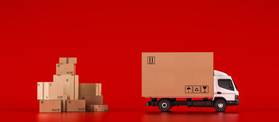 Big cardboard box package on a white truck ready to be delivered on red background