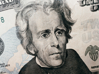 Close up shot of a 20 dollars us. Twenty bucks macro shot. Jackson portrait on a green federal reserve note