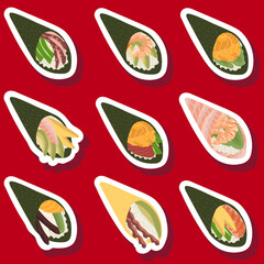 Sketch drawn vector set illustration of sushi sticker isolated on red background. Traditional Japanese dishes - onigiri, nigiri, temaki, maki, gunkan. Poster, sign, menu page, flyer, banner