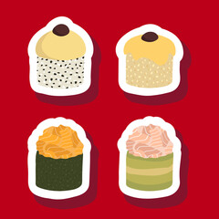 Sketch drawn vector set illustration of sushi sticker isolated on red background. Traditional Japanese dishes - onigiri, nigiri, temaki, maki, gunkan. Poster, sign, menu page, flyer, banner