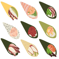 Sketch drawn vector set illustration of sushi roll isolated on white background. Traditional Japanese dishes - onigiri, nigiri, temaki, maki, gunkan. Poster, sign, menu page, flyer, banner