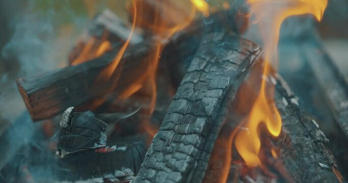 Warm Cozy Burning Fire Logs. Camping fire details with flames and burned logs and ash in 4k slow motion