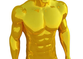 Perfect abs. Strong bodybuilder with six pack gold man standing isolated on white. - 3D render.