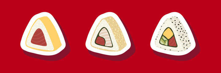 Sketch drawn vector set illustration of sushi sticker isolated on red background. Traditional Japanese dishes - onigiri, nigiri, temaki, maki, gunkan. Poster, sign, menu page, flyer, banner