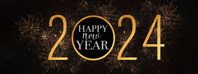 Fototapeta na wymiar 2024 Happy New Year holiday Greeting Card banner - Golden glitter year and circle with text, firework fireworks pyrotechnics on black night sky texture background