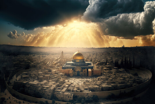 Beautiful aerial panorama of the Old City, the Prophets' Tomb, and the Dome of the Rock. Composite of a dramatic sky and sunrays. Israel's capital is in Jerusalem. Generative AI