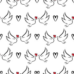 Two pigeons and a heart. Seamless sketch-style template. Background for postcards, banners