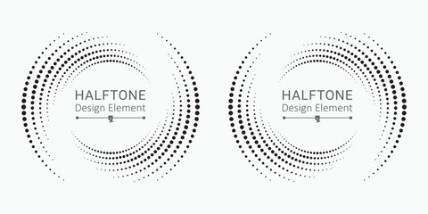 Halftone circular frame logo set. Circle dots isolated on the white background. Fabric design element. Halftone circle dots texture. Vector design element for various purposes. - obrazy, fototapety, plakaty