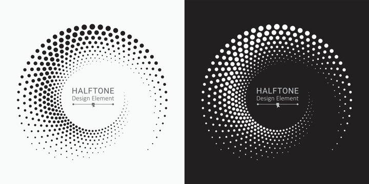 Halftone circular frame logo set. Circle dots isolated on the white background. Fabric design element. Halftone circle dots texture. Vector design element for various purposes.