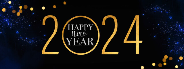 Fototapeta na wymiar 2024 Happy New Year holiday Greeting Card banner - Golden glitter year and circle with text, firework fireworks pyrotechnics on black night sky texture background