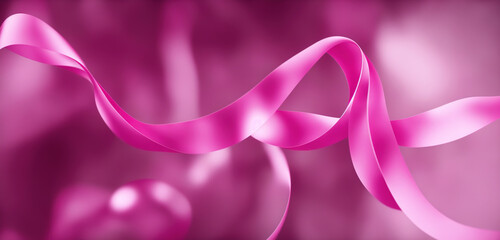 A pink ribbon is displayed on a bokeh, blurred background, representing breast cancer awareness. Generative AI