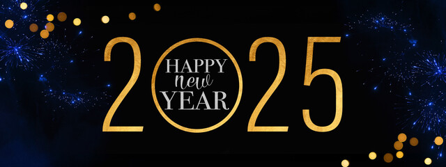 Fototapeta na wymiar 2025 Happy New Year holiday Greeting Card banner - Golden glitter year and circle with text, firework fireworks pyrotechnics on black night sky texture background