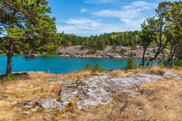 Fototapeta na wymiar View of the dry landscape and sea at Bomarsund, Åland Islands. Finland