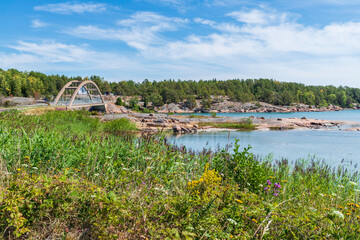 View of the bridge and sea at Bomarsund, Åland Islands. Finland