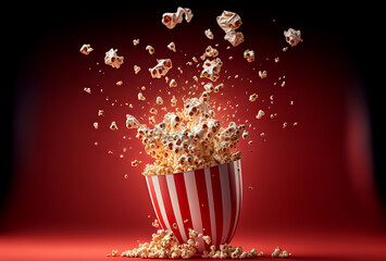 Carton of popcorn exploding on a red background. flying popcorn. Generative ai