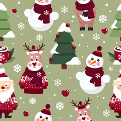 classic green seamless pattern with christmas elements