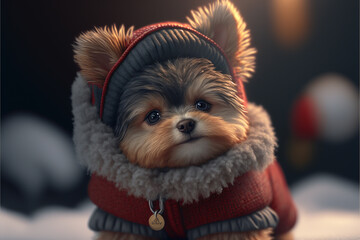 snow adorable yorkie baby girl dressed in a santa clause coat and santa red hat Christmas festive ,generative ai.