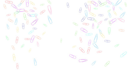 Paper clips are scattered on a white background. Decorative element. Background for design, school and office supplies