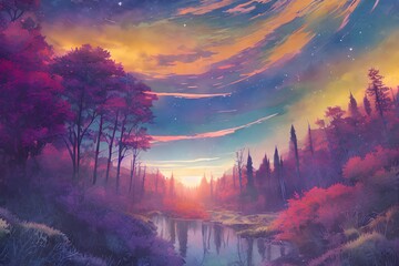 Obraz na płótnie Canvas sunrise in the spring mountains color illustration