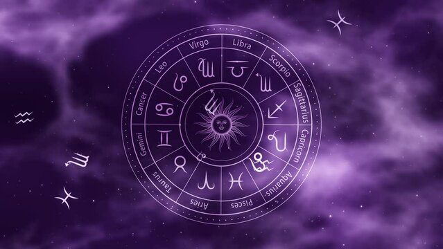 Signs of the zodiac on a space background.Horoscope, astrological signs of the sun in a purple wheel.Aquarius,libra,leo, taurus,cancer,pisces,virgo,capricorn,sagittarius,aries,gemini,scorpio.Astrology
