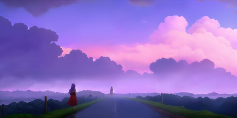 Anime landscape for a visual novel: a girl walks along the roadside towards purple cumulus clouds on the horizon