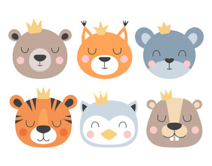 set with cartoon head of animals, print for kids