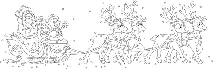 Santa Claus with a funny toy snowman and a large bag of Christmas gifts riding in their magic sleigh with reindeers, black and white vector cartoon illustration for a coloring book