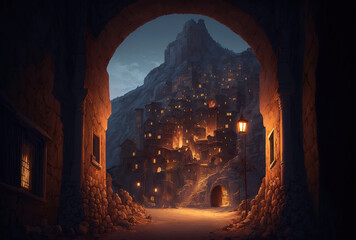 Albarracin at night with a tunnel. Generative AI