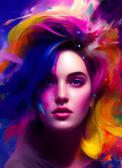 Obraz na płótnie Canvas Colorful painting of a beautiful woman's face, Portrait of a beautiful woman with flowers. Generative AI