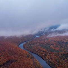 Aerial view on Delaware river in fog 