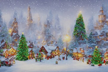 Christmas Village with Tower and Great Stared Fir, ornaments and lights all over.